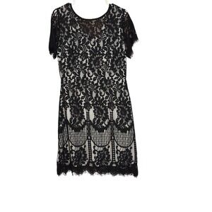 MSLG Lace Dress Cocktail Party Black Floral Lined Short Sleeve Size L New w/ tag